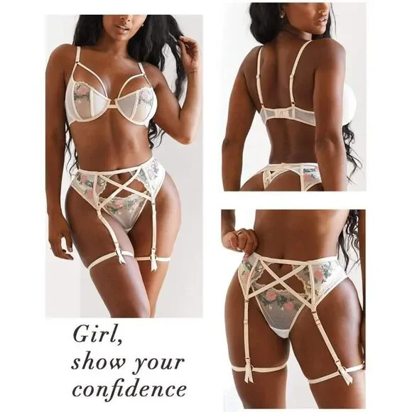 3 Piece Sexy Lingerie Garter Set, White